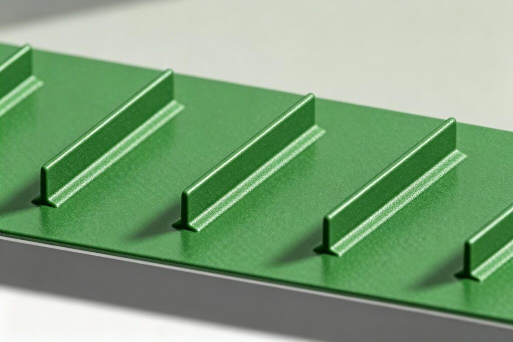 Conveyor belt cleat processing for inclined conveying applications
