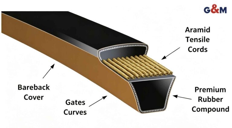 Gates Predator V Belt internal structure with aramid cords and raw edge protective cover
