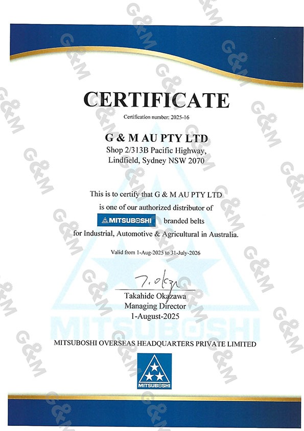 MITSUBOSHI official authorization certificate for authorized industrial belt distributor
