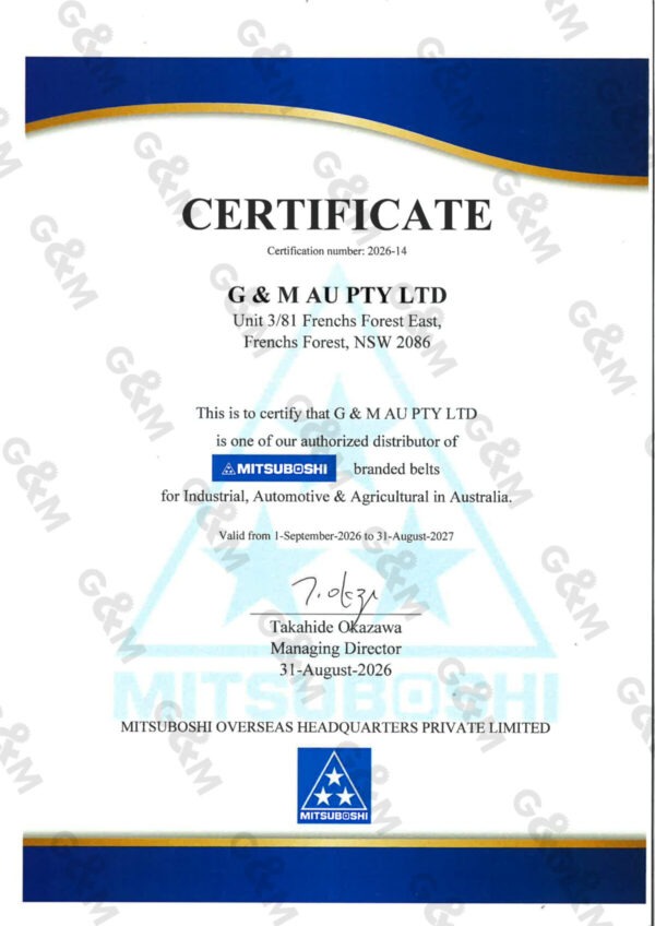 2027 MITSUBOSHI authorised distributor certificate for G&M AU Belting Australia